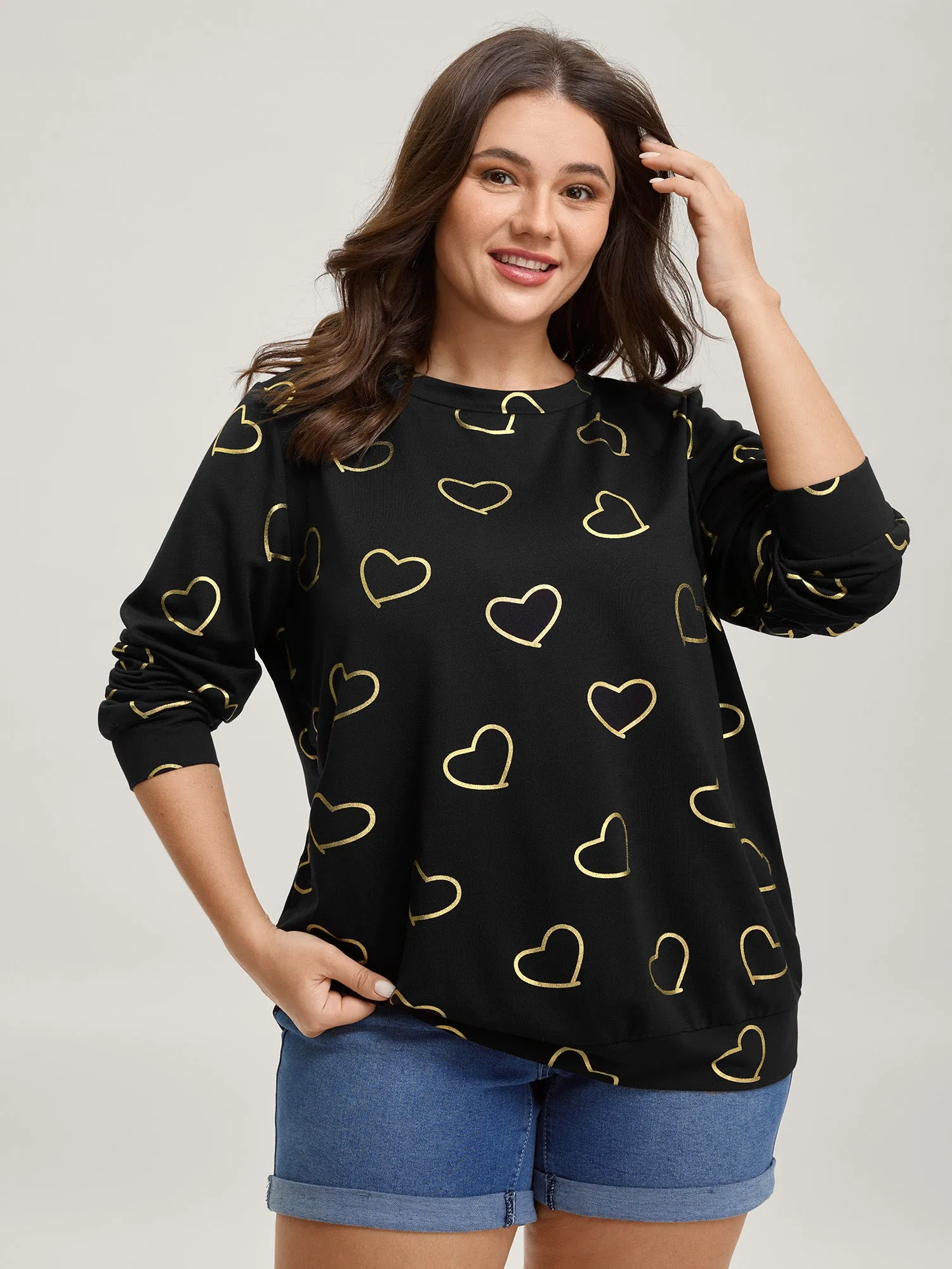 Glitter Hearts Print Stretchy Sweatshirt sold by Bloomchic