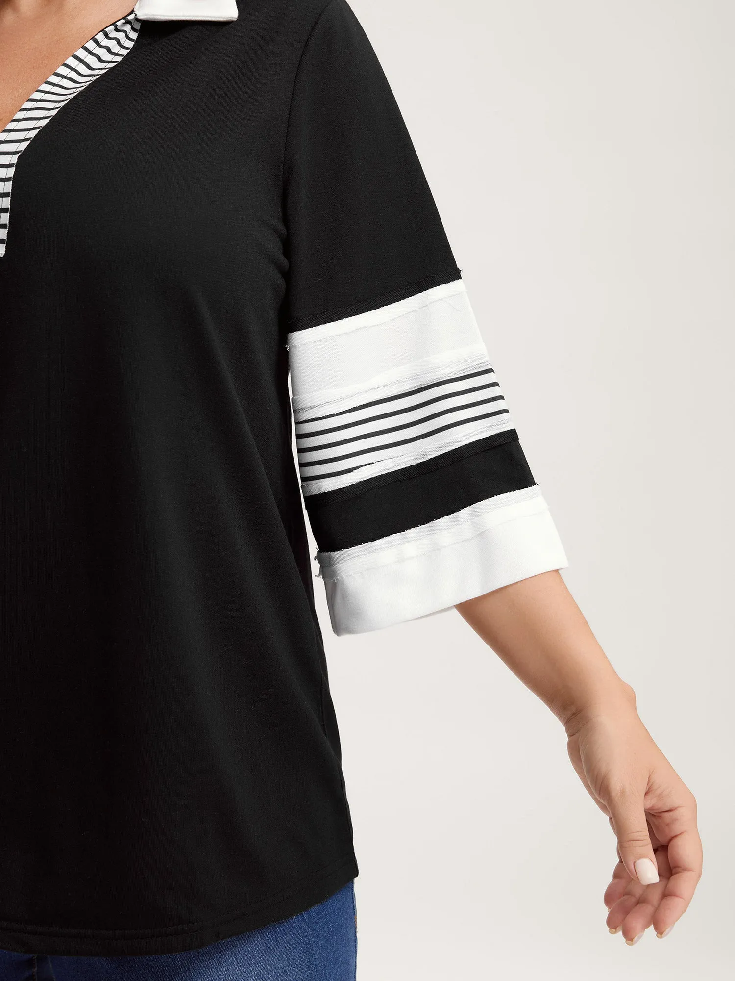 Non-Stretch Stripes Contrast Split Neck T-Shirt sold by Bloomchic product image thumbnail 2
