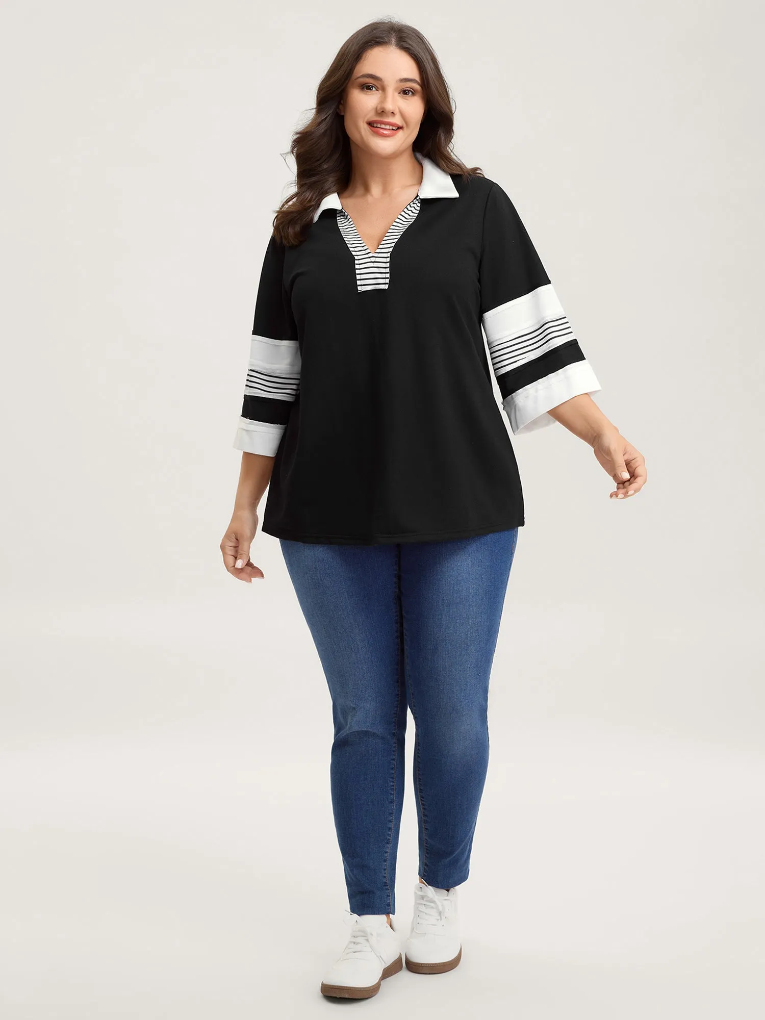 Non-Stretch Stripes Contrast Split Neck T-Shirt sold by Bloomchic product image thumbnail 3