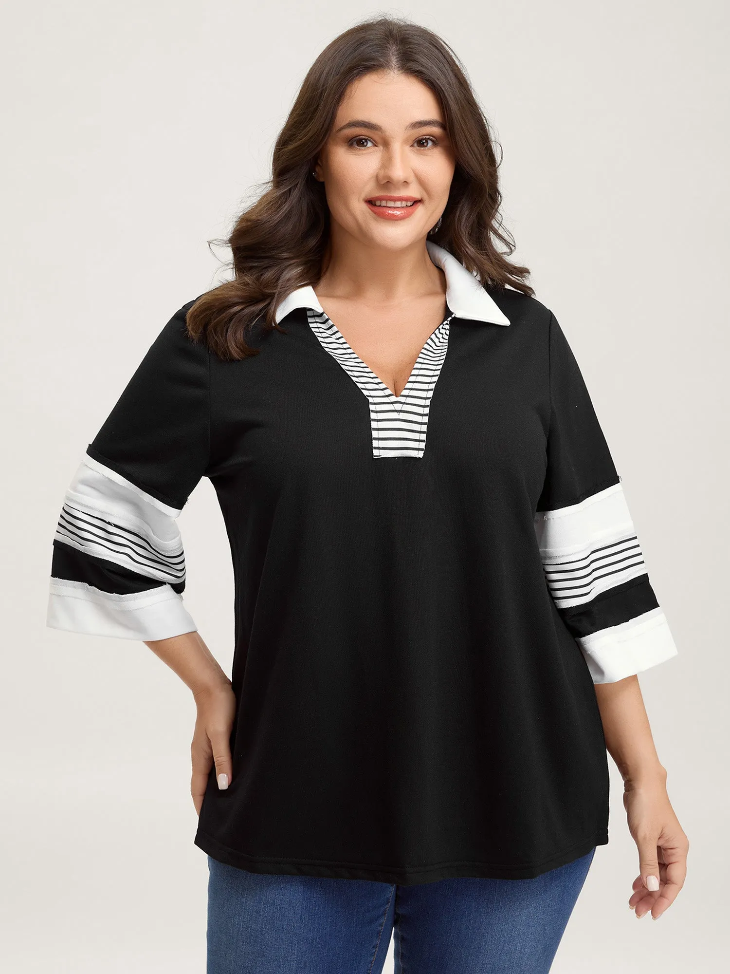 Non-Stretch Stripes Contrast Split Neck T-Shirt sold by Bloomchic