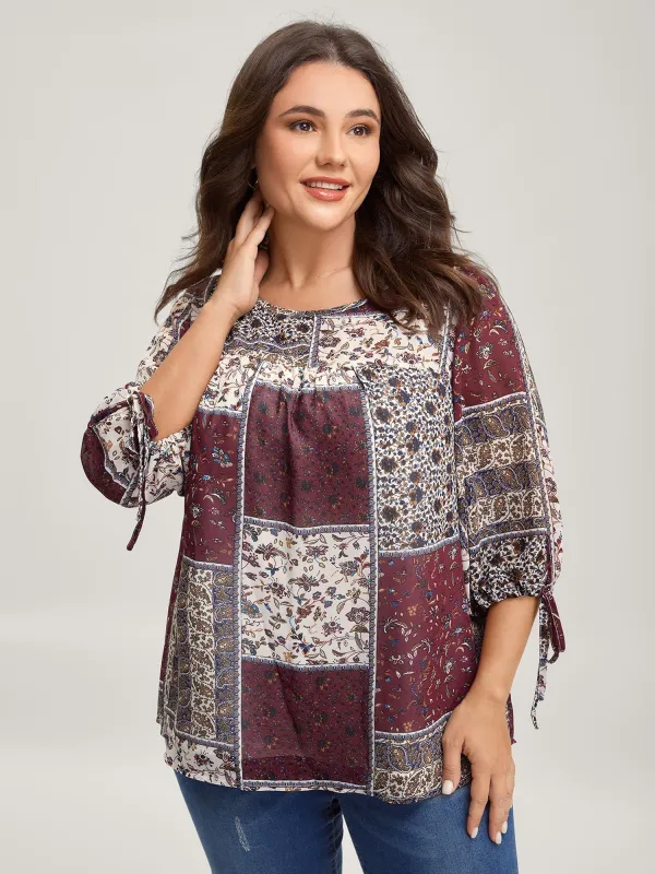 Boho Collage Print Sleeve-Tie Blouse sold by Bloomchic