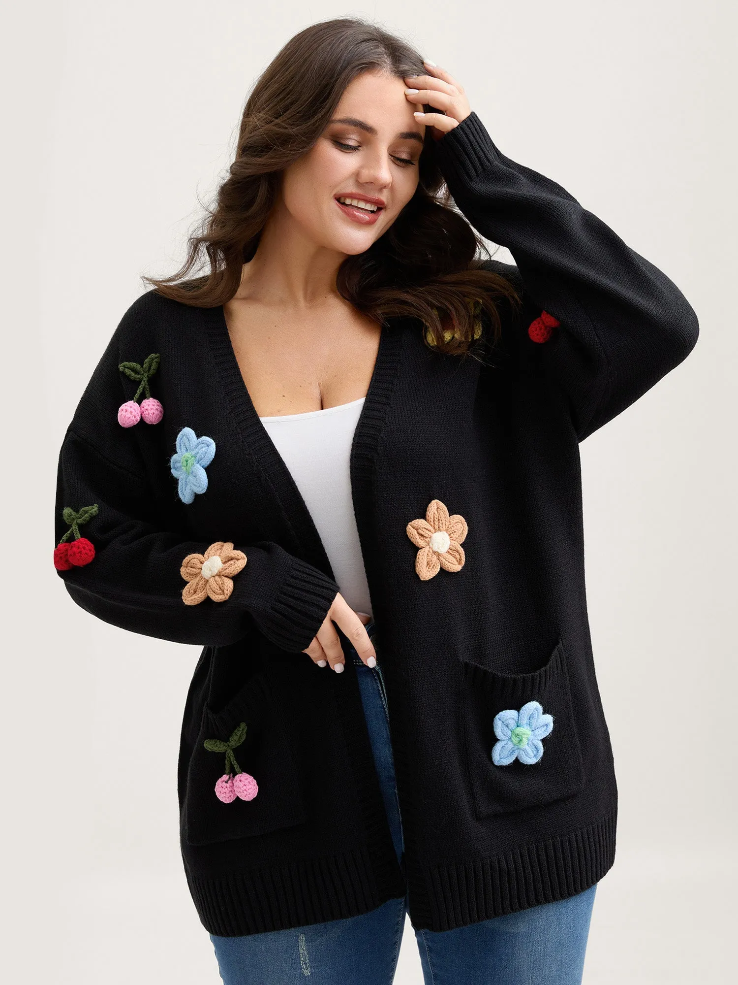 Crochet Floral Front-Open Pockets Knit Cardigan sold by Bloomchic