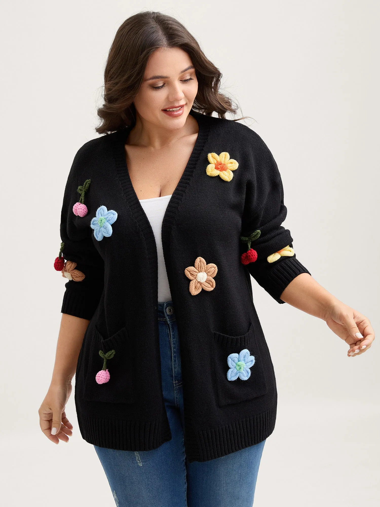 Crochet Floral Front-Open Pockets Knit Cardigan sold by Bloomchic product image thumbnail 4