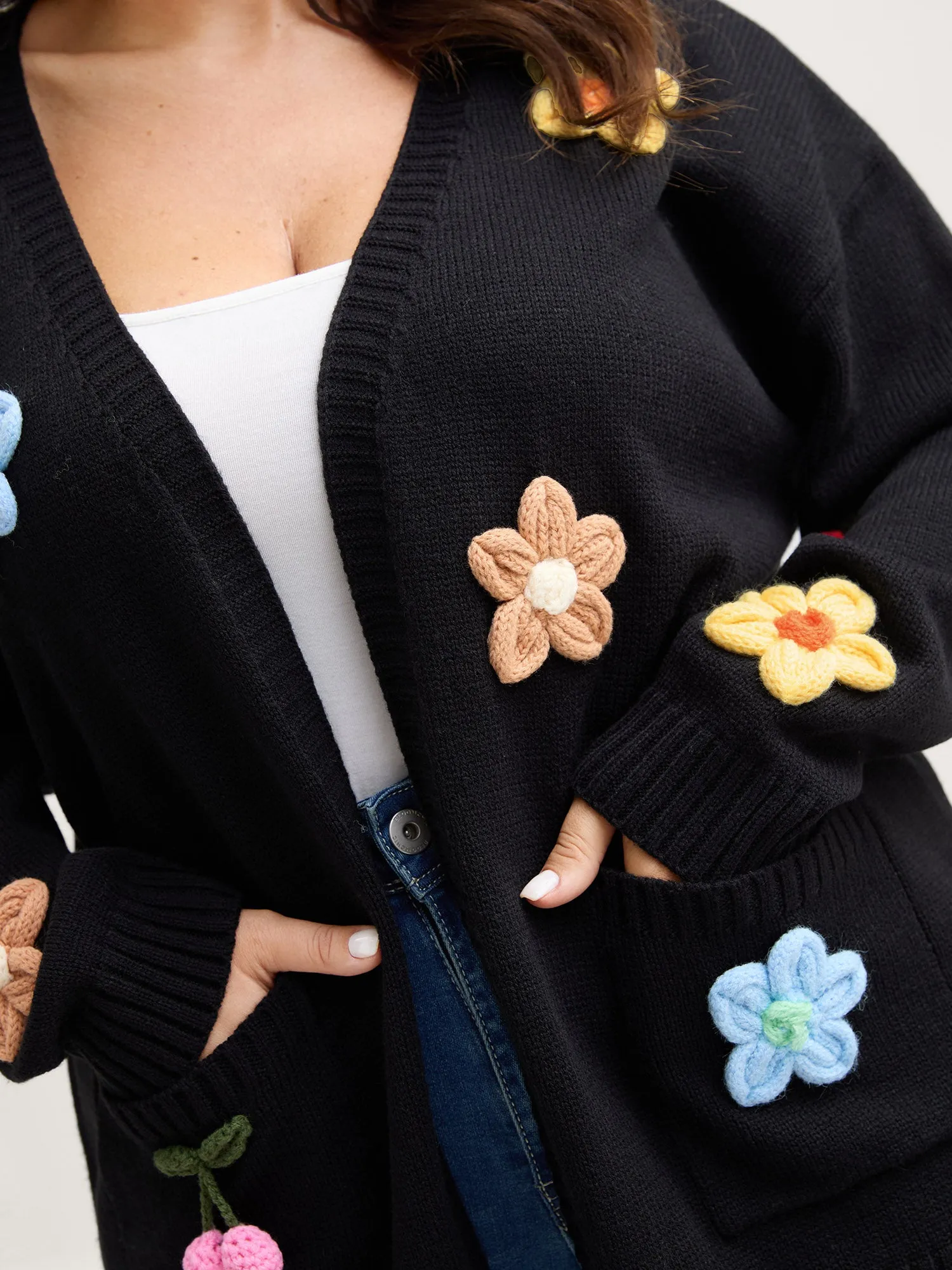 Crochet Floral Front-Open Pockets Knit Cardigan sold by Bloomchic product image thumbnail 2