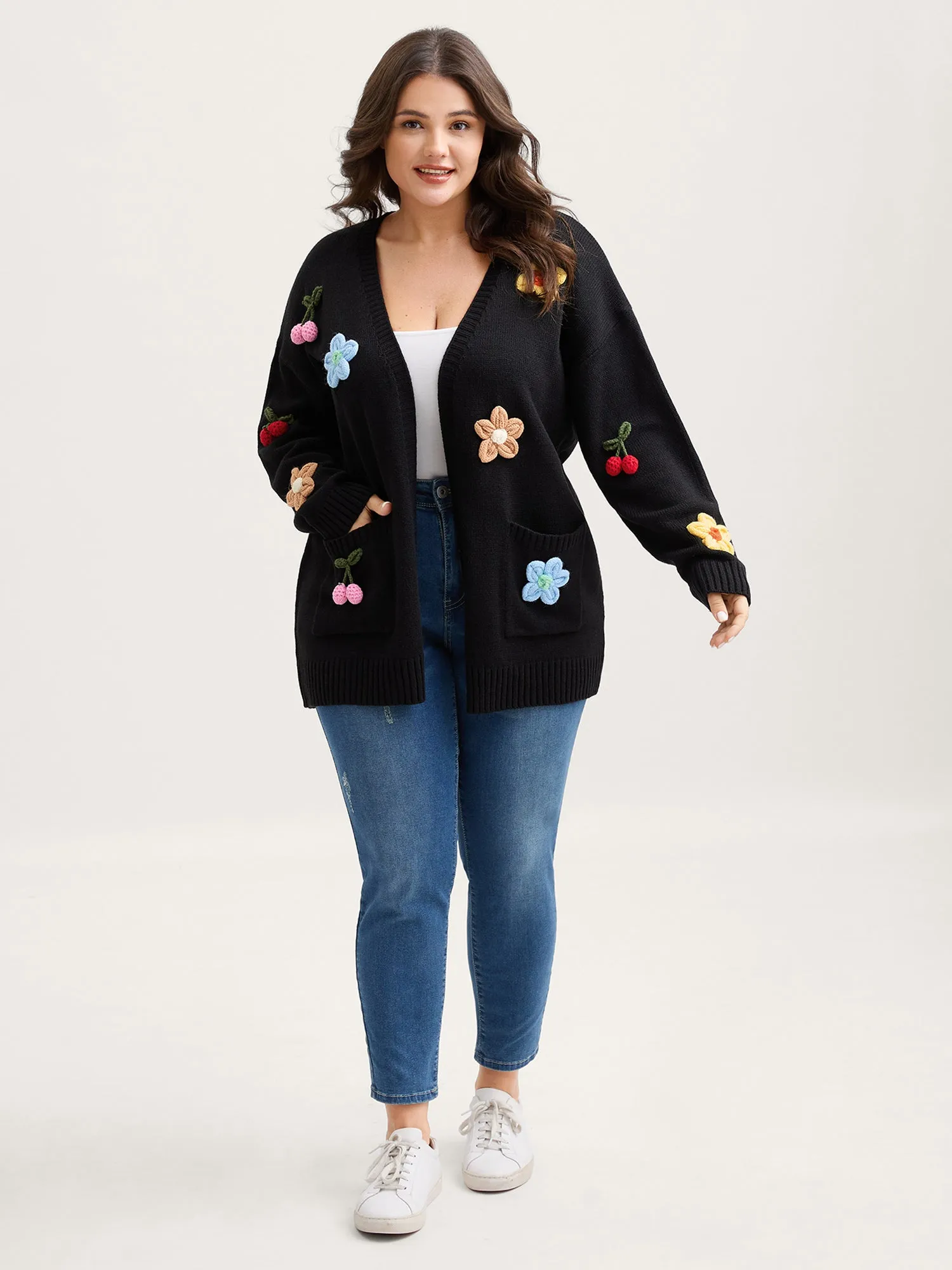 Crochet Floral Front-Open Pockets Knit Cardigan sold by Bloomchic product image thumbnail 3