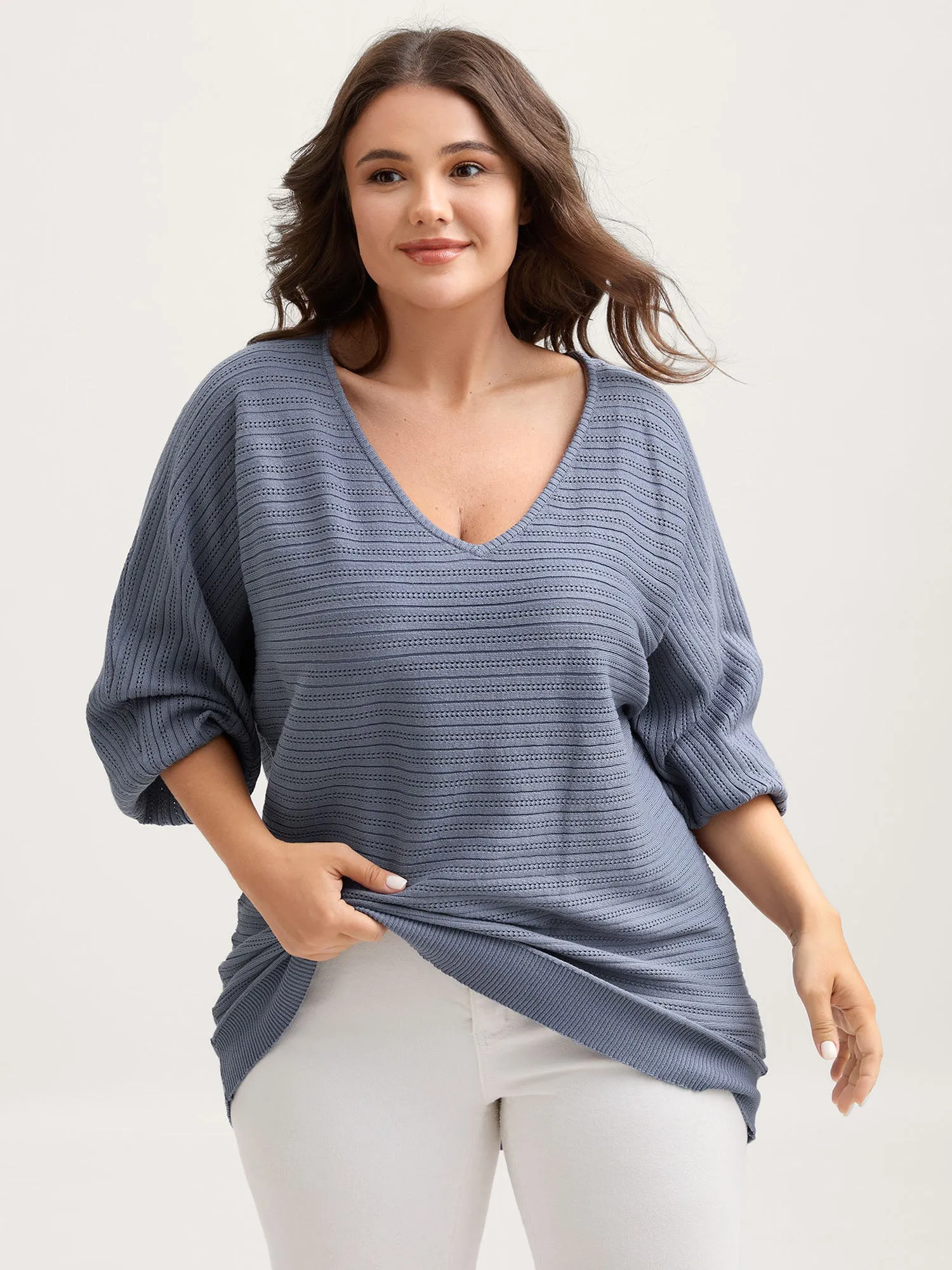 Supersoft Textured V-Neck Batwing Sleeve Pullover sold by Bloomchic