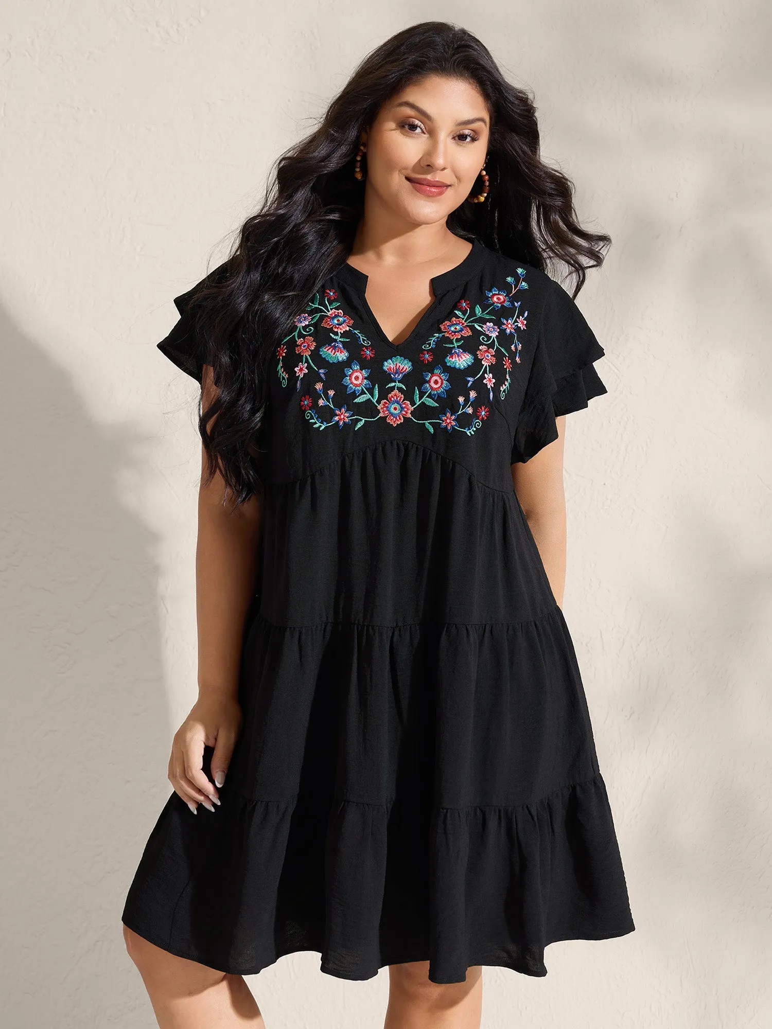 Embroidered Neckline A-Line Ruffled Knee-Length Dress sold by Bloomchic