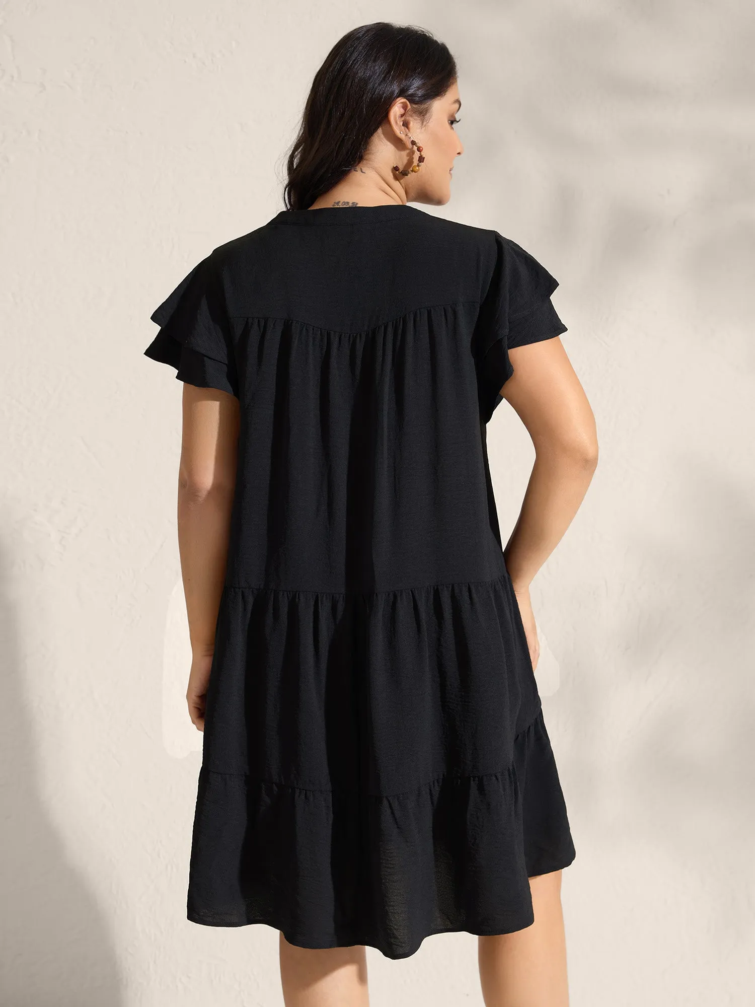 Embroidered Neckline A-Line Ruffled Knee-Length Dress sold by Bloomchic product image thumbnail 4