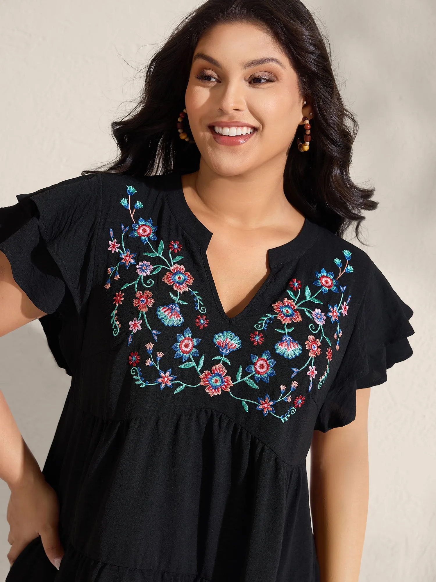 Embroidered Neckline A-Line Ruffled Knee-Length Dress sold by Bloomchic product image thumbnail 2