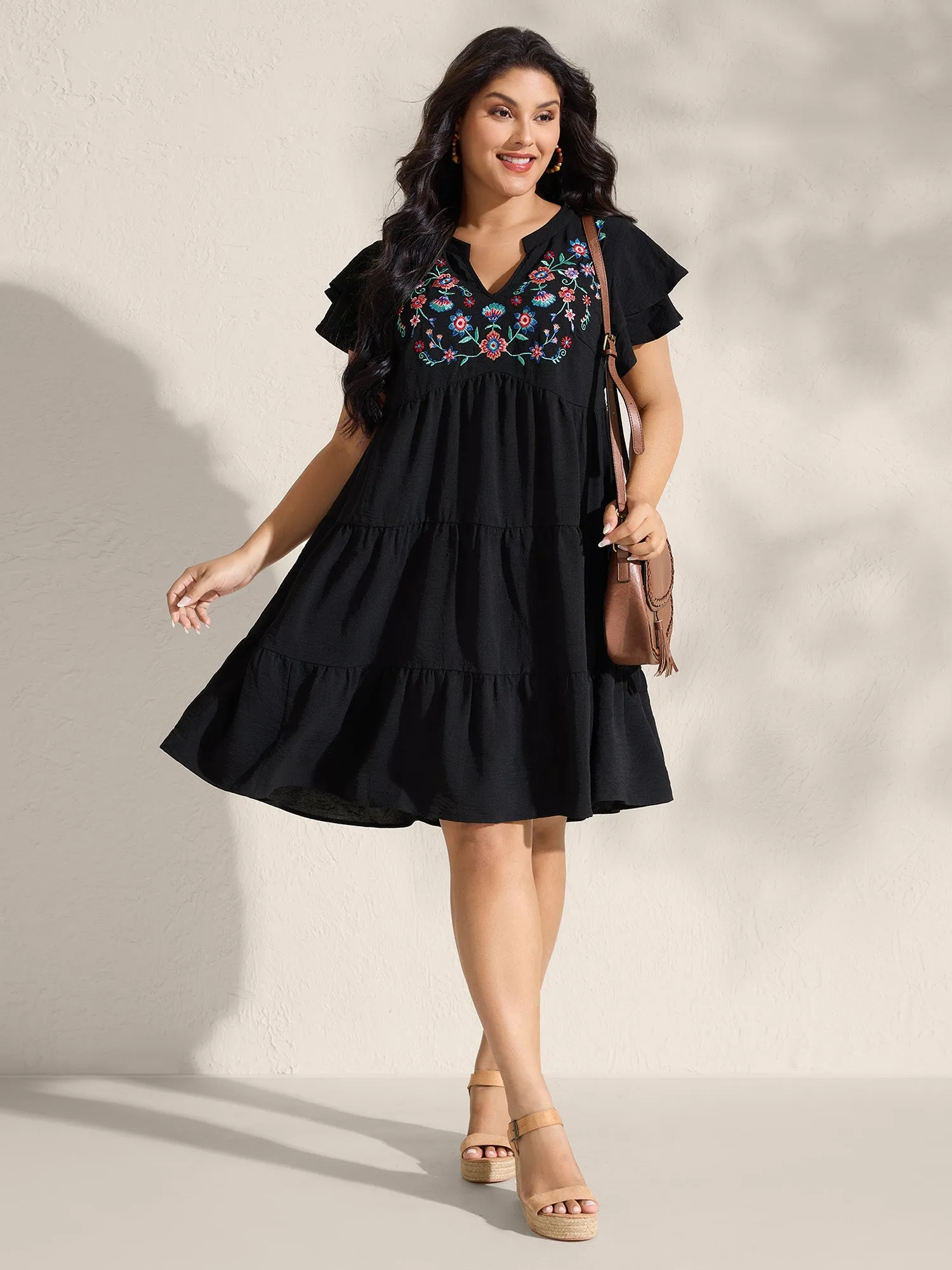 Embroidered Neckline A-Line Ruffled Knee-Length Dress sold by Bloomchic product image thumbnail 3