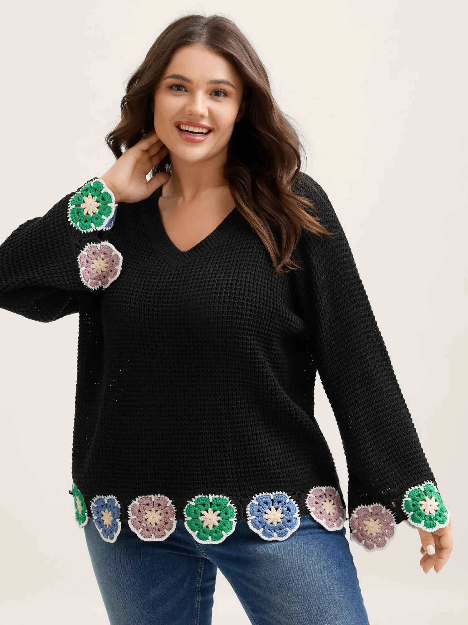 Crochet Floral Hem V-Neck Pullover sold by Bloomchic