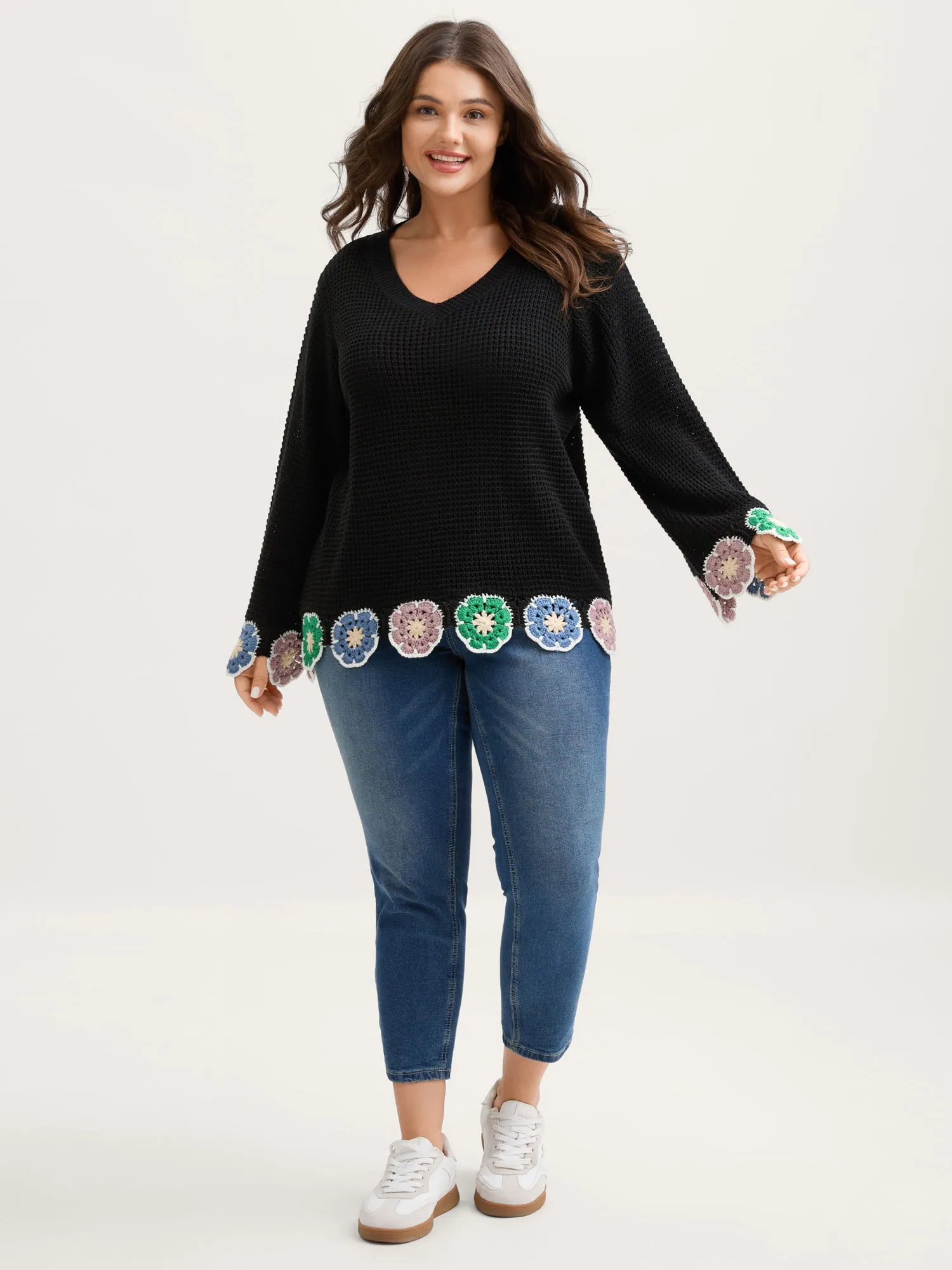 Crochet Floral Hem V-Neck Pullover sold by Bloomchic product image thumbnail 3