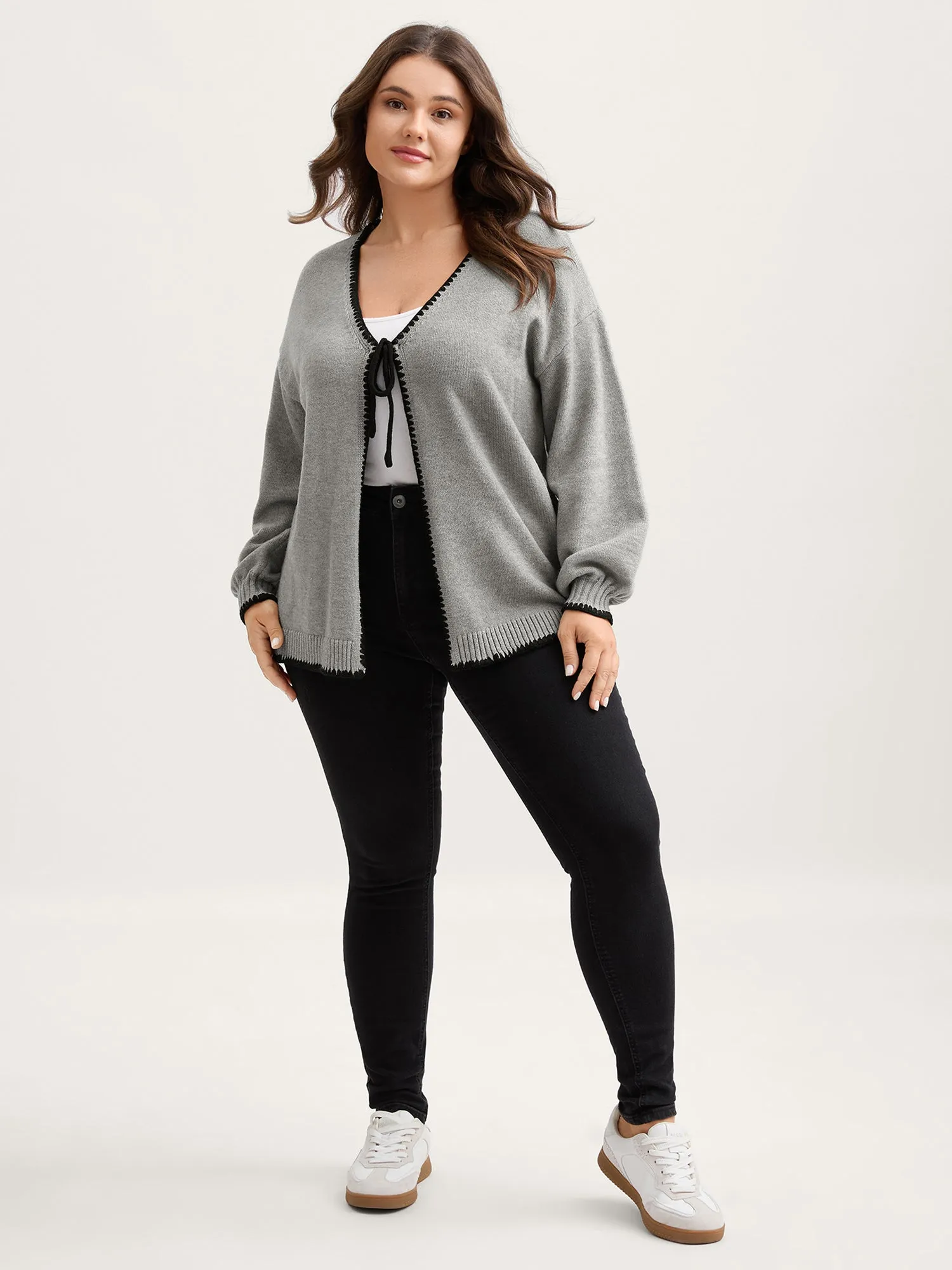 Supersoft Textured Contrast Lace Tie Knit Cardigan sold by Bloomchic product image thumbnail 3