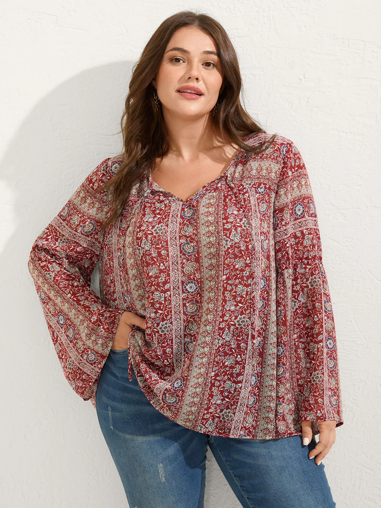 Chiffon Floral Sheer Print Neck-Tie Blouse sold by Bloomchic