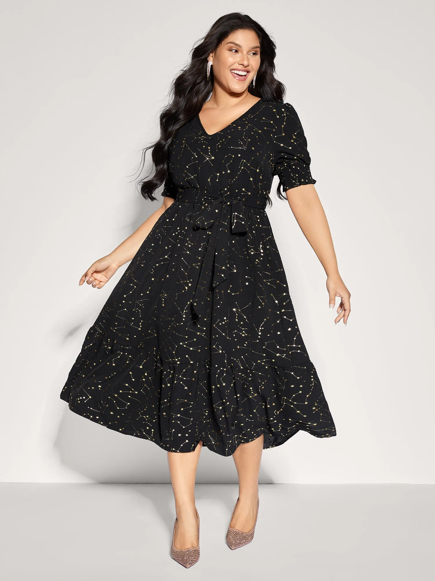Shimmery Star Print Stretchy-Waist Midi Dress sold by Bloomchic