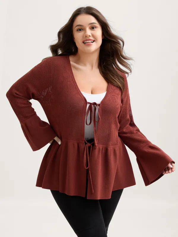 Eyelet Jacquard Ruffled Hem Knit Cardigan sold by Bloomchic