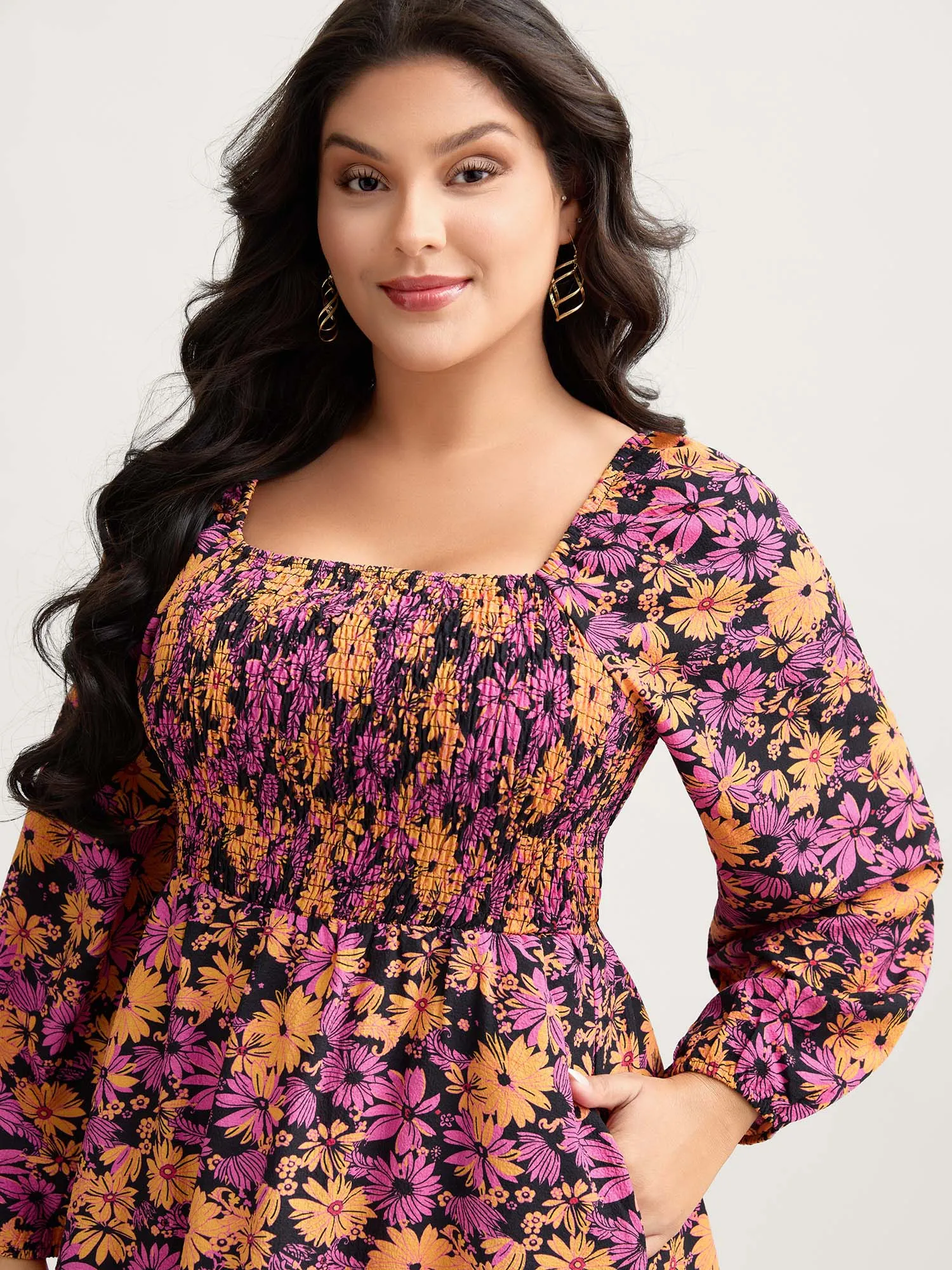 Floral Shirred Bust-Ease Midi Dress sold by Bloomchic