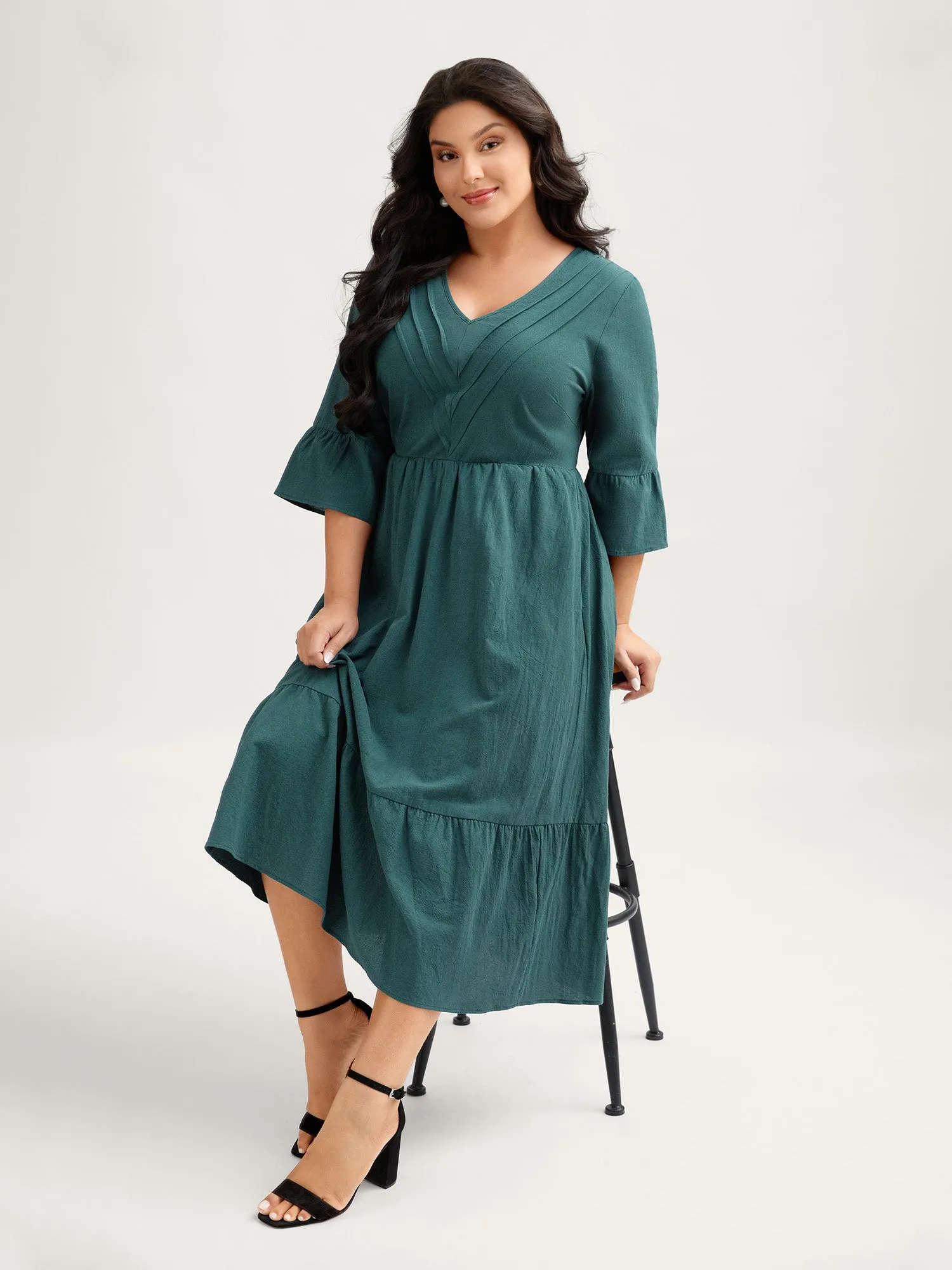 Pure Cotton Toothpick Pleats Tiered Midi Dress sold by Bloomchic