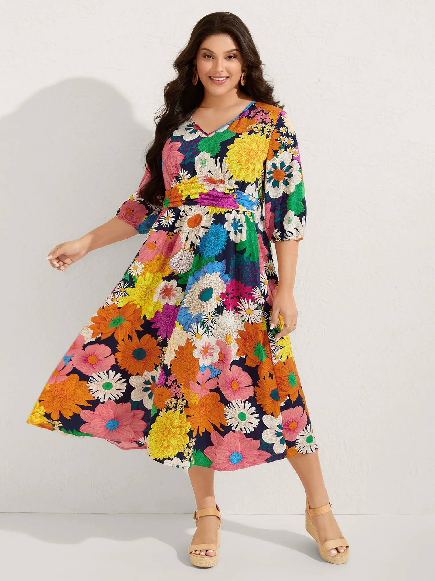 Colorful Floral Print Shirred Waist Midi Dress sold by Bloomchic