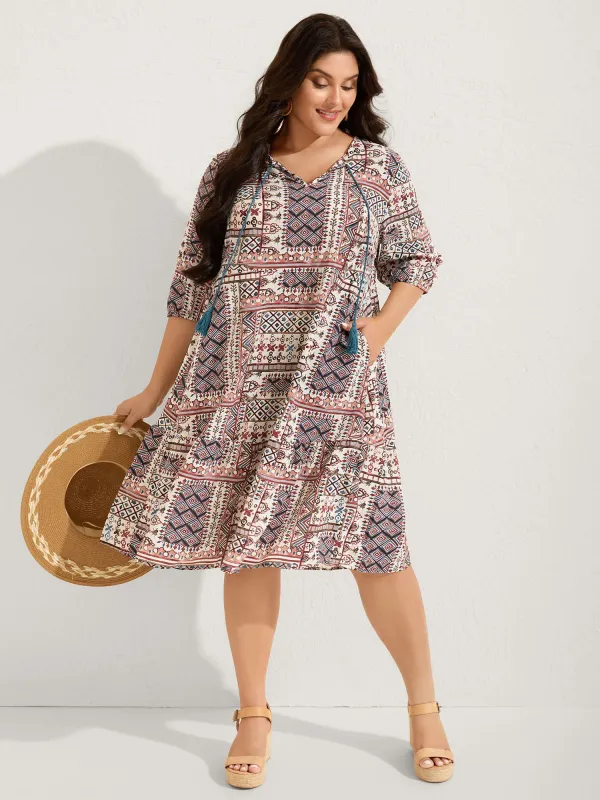 Boho Collage Print Neck-Tie Midi Dress sold by Bloomchic