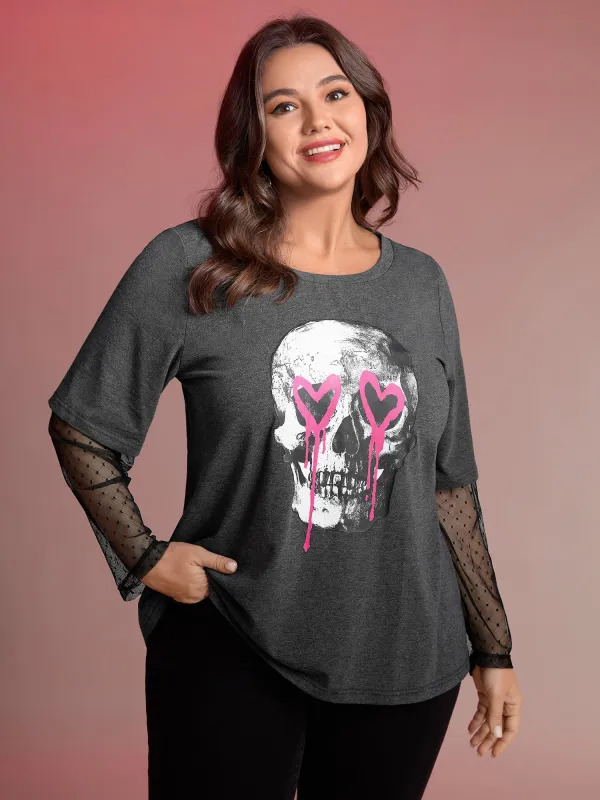 Love Skull Partial Sheer Sleeve T-Shirt sold by Bloomchic