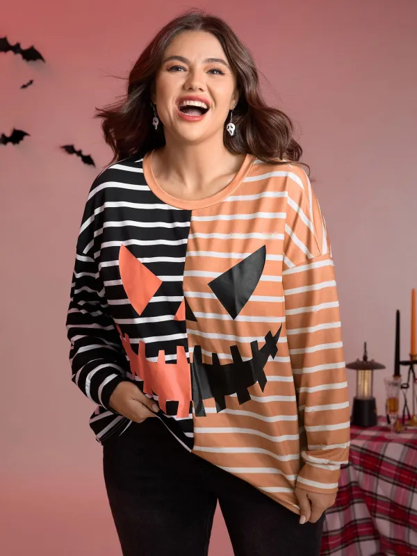 Pumpkin Contrast Stripes Full Sleeve Sweatshirt sold by Bloomchic