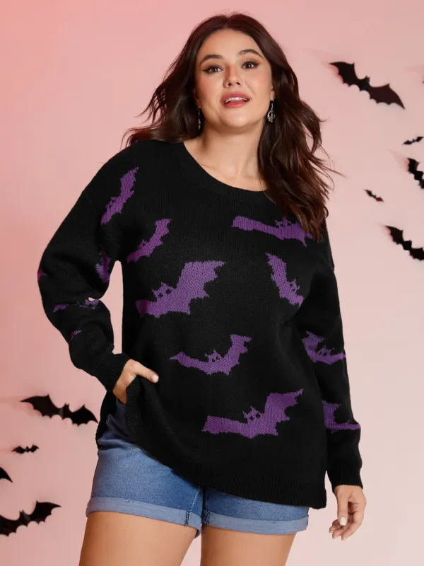 Bat Pattern Ribbed Neck Pullover sold by Bloomchic