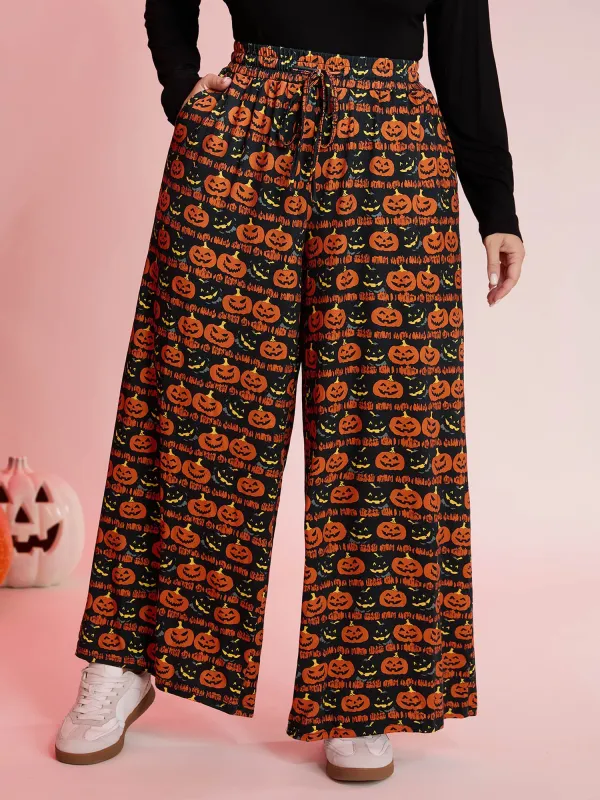 Spooky Pumpkin Elastic Waistband Wide-Leg Pants sold by Bloomchic