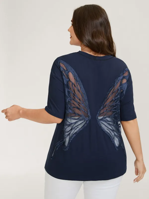 Supersoft Sheer Butterfly Backless Embroidered T-Shirt sold by Bloomchic