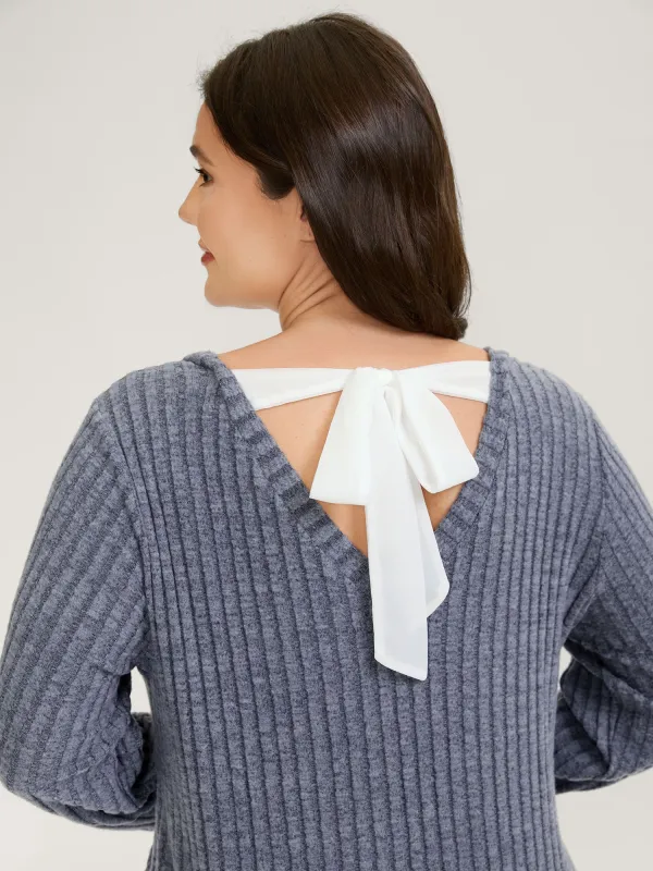 Back-Tie Ribbed Round Neck Sweatshirt sold by Bloomchic