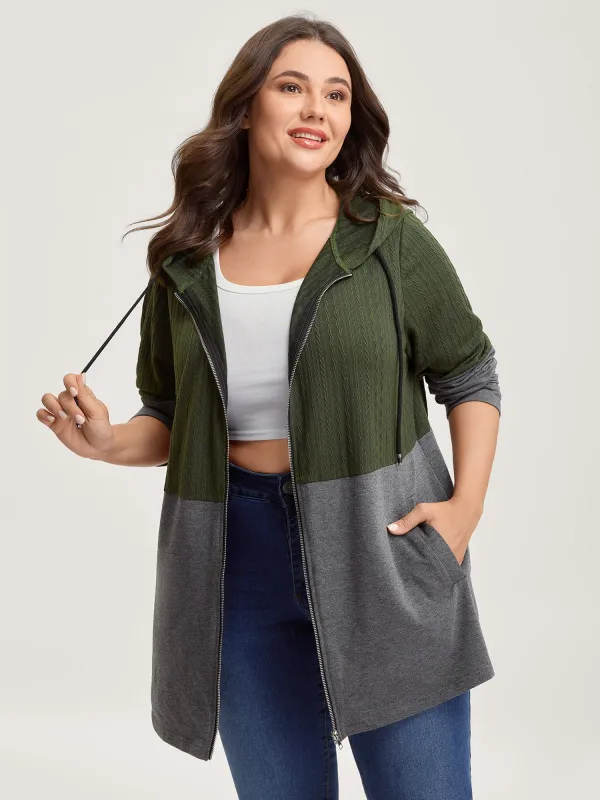 Color Block Textured Zipper Hoodie sold by Bloomchic