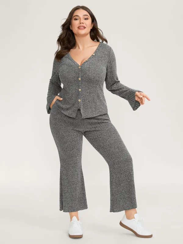 Ribbed Button Stretchy Waist Co-Ord Set sold by Bloomchic