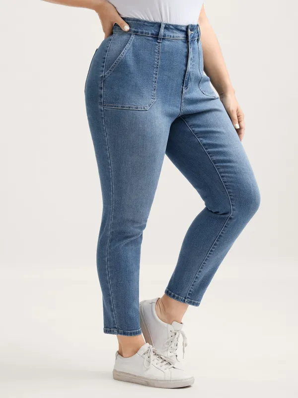 Elastic Waist Skinny-Fit Pocket Jeans sold by Bloomchic