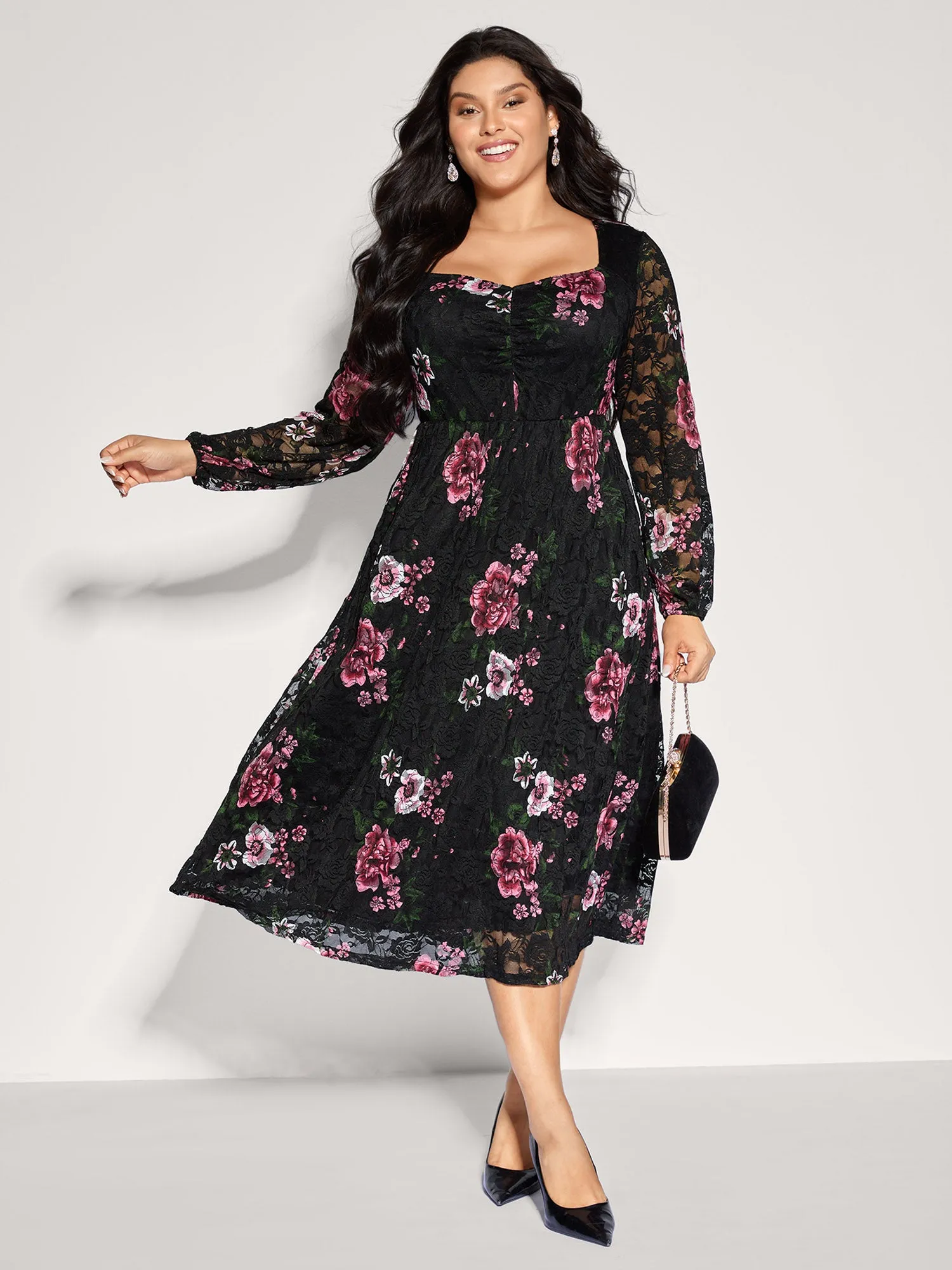 Floral Lace Trim Stretchy Waist Midi Dress sold by Bloomchic