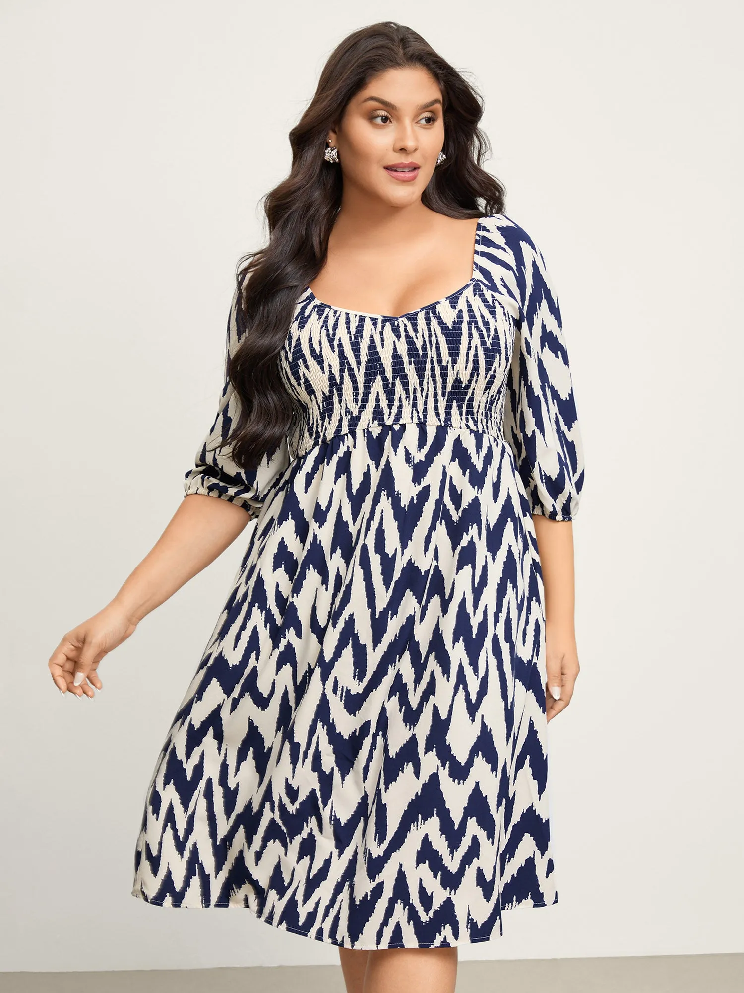 Abstract Print Shirred Puffy Sleeve Midi Dress sold by Bloomchic