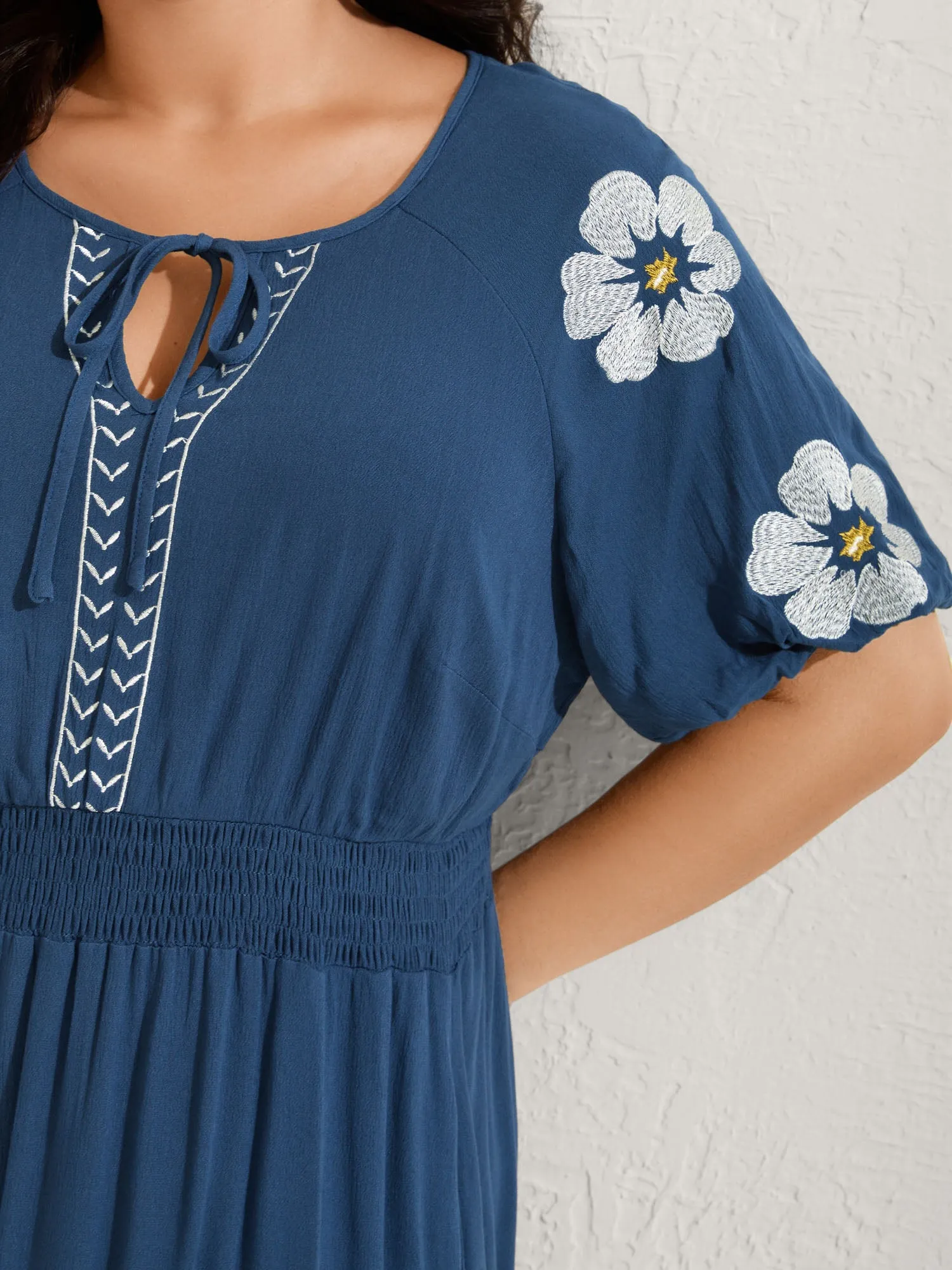 Floral Embroidered Shirred Waist Midi Dress sold by Bloomchic product image thumbnail 3