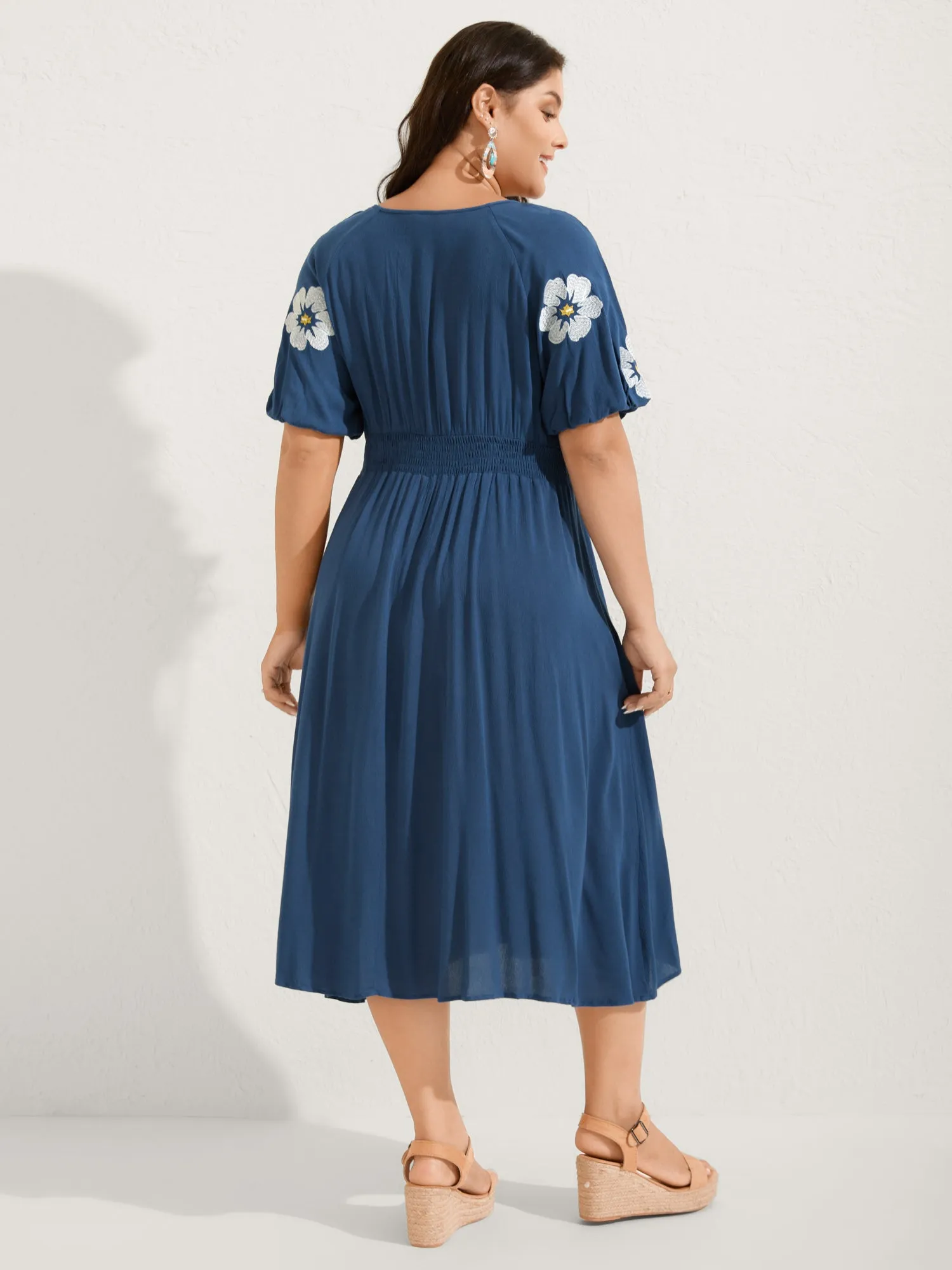 Floral Embroidered Shirred Waist Midi Dress sold by Bloomchic product image thumbnail 4