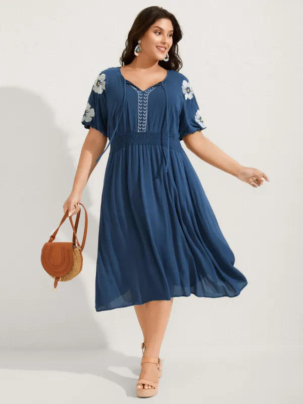 Floral Embroidered Shirred Waist Midi Dress sold by Bloomchic