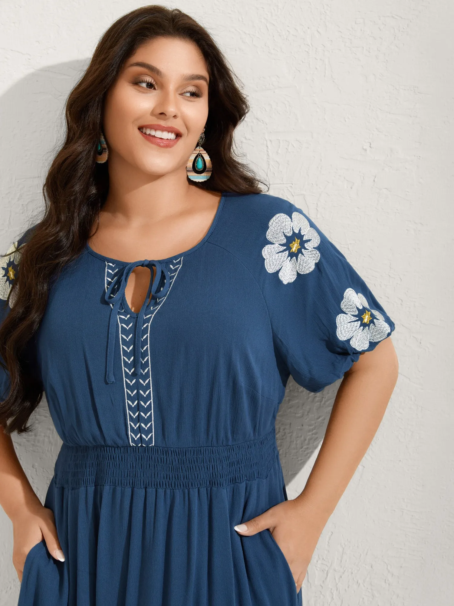 Floral Embroidered Shirred Waist Midi Dress sold by Bloomchic product image thumbnail 2