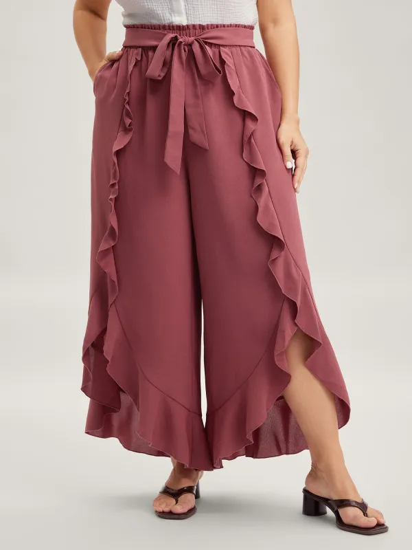 Ruffled Hem Waist-Tie Wide-Leg Pants sold by Bloomchic