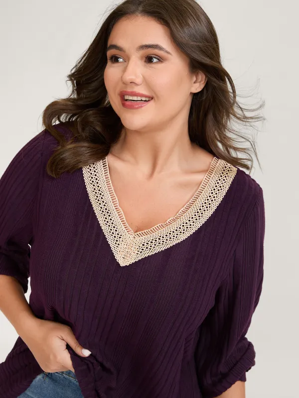 Textured Contrast Neckline Solid T-Shirt sold by Bloomchic