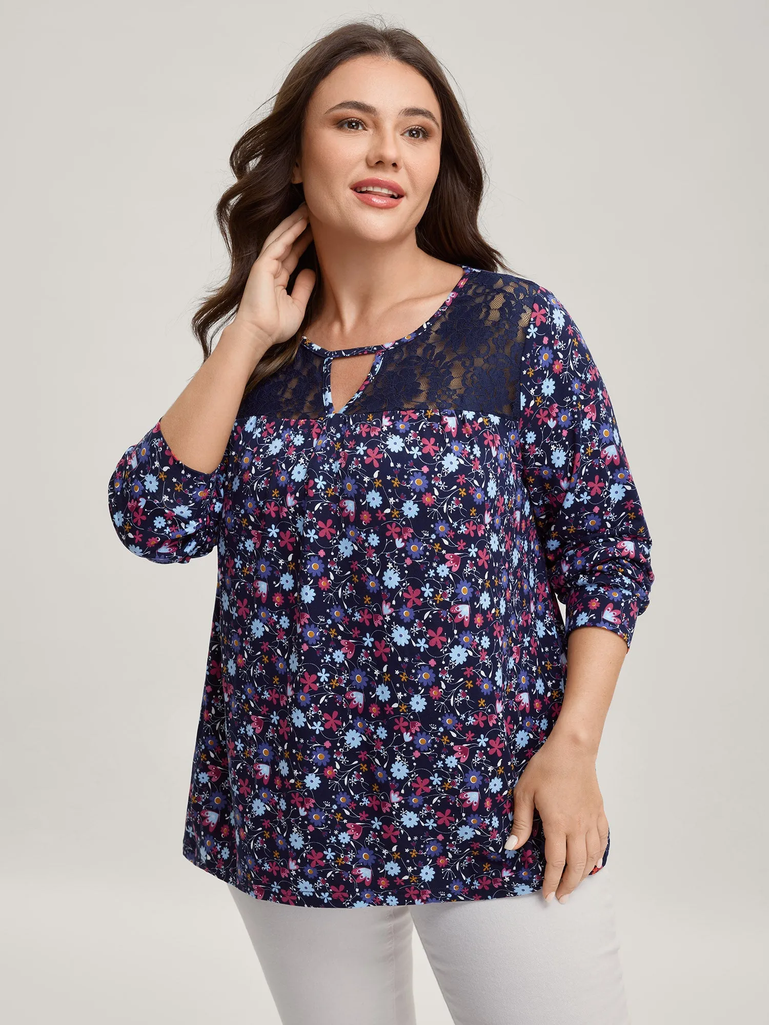 Floral Print Contrast Flowy Knit Top sold by Bloomchic