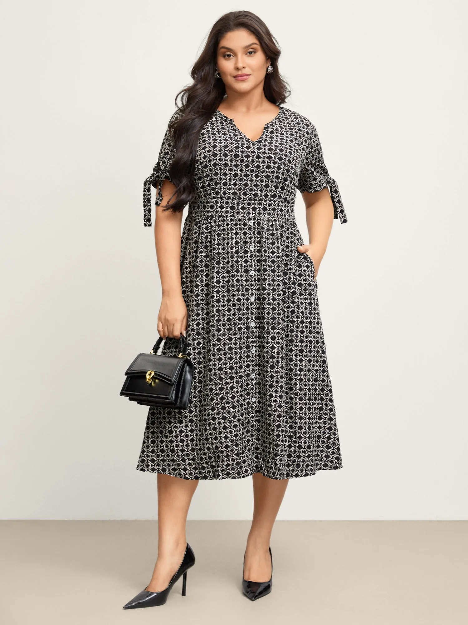 Geometric Print Sleeve Tie Midi Dress sold by Bloomchic