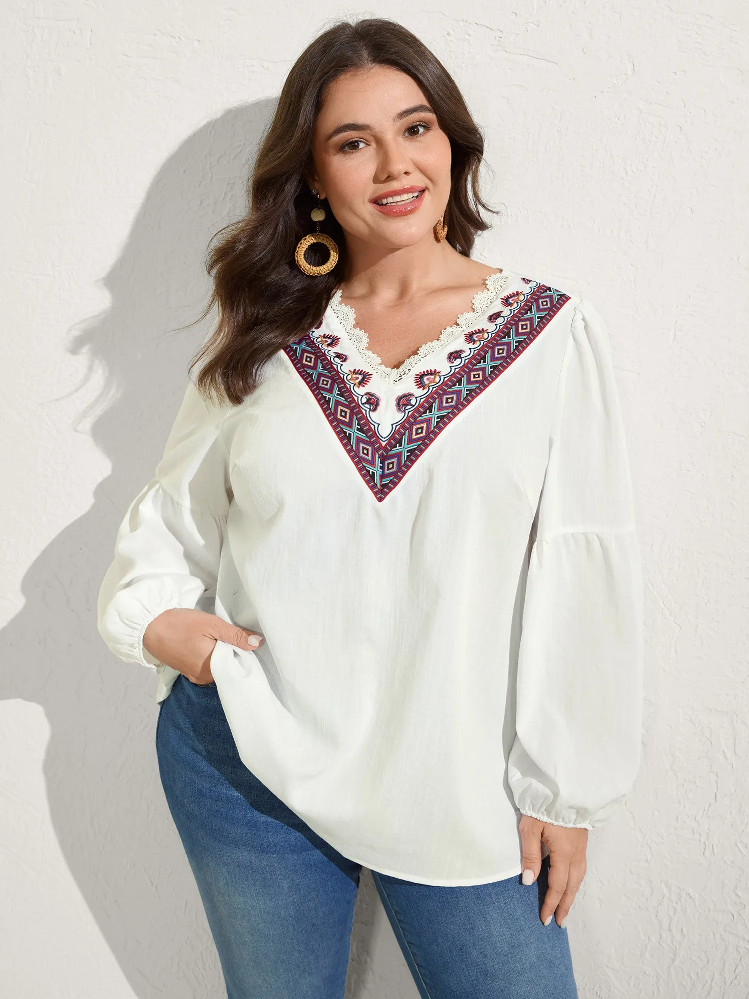 Boho Embroidered Neckline Puffy Sleeve Blouse sold by Bloomchic