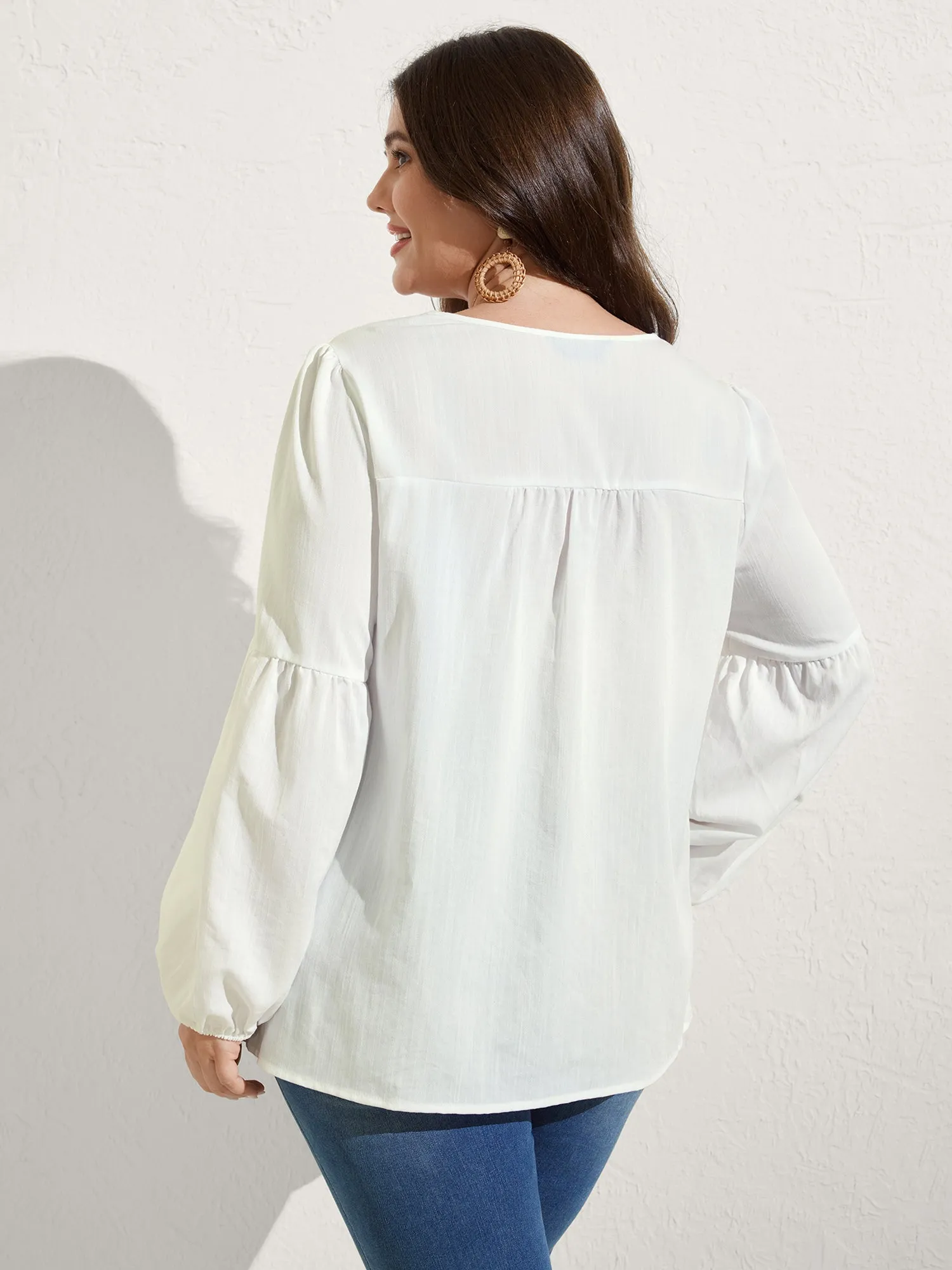 Boho Embroidered Neckline Puffy Sleeve Blouse sold by Bloomchic product image thumbnail 4