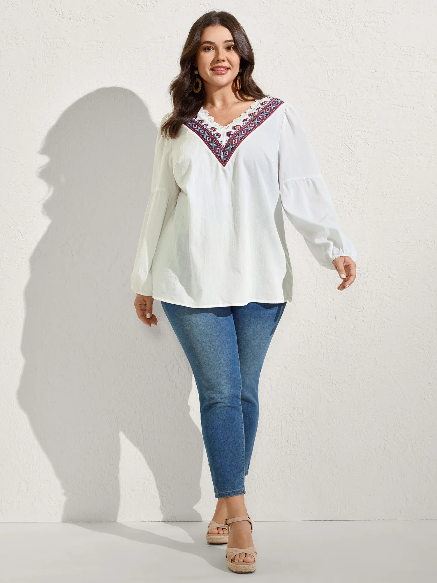 Boho Embroidered Neckline Puffy Sleeve Blouse sold by Bloomchic product image thumbnail 3