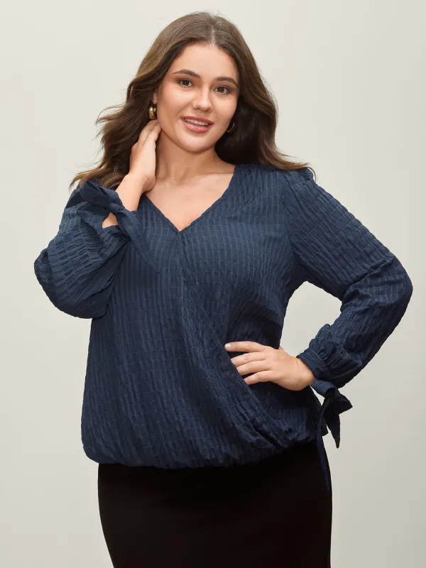 Textured Surplice Neck Sleeve-Tie Blouse sold by Bloomchic