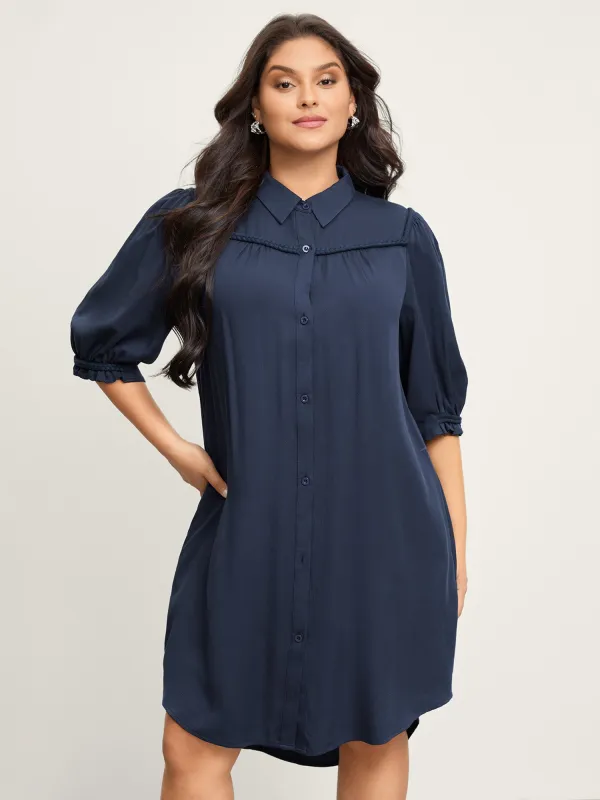 Ruffled Trim Asymmetrical Hem Shirt Dress sold by Bloomchic