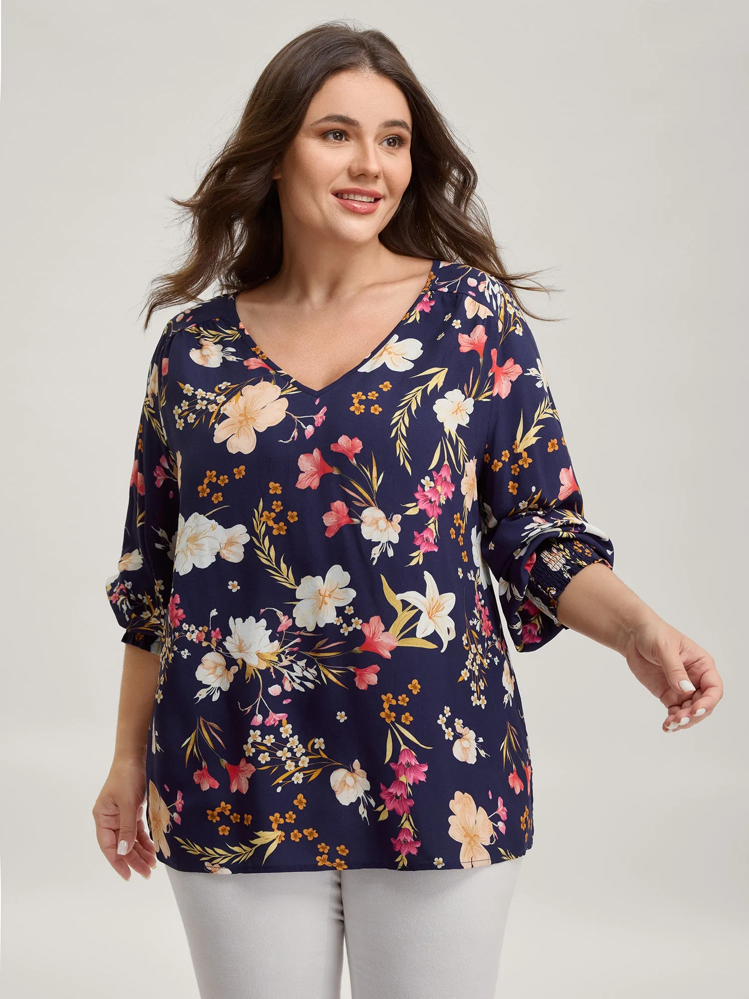 Floral Pleated Shirred V-Neck Blouse sold by Bloomchic product image thumbnail 3