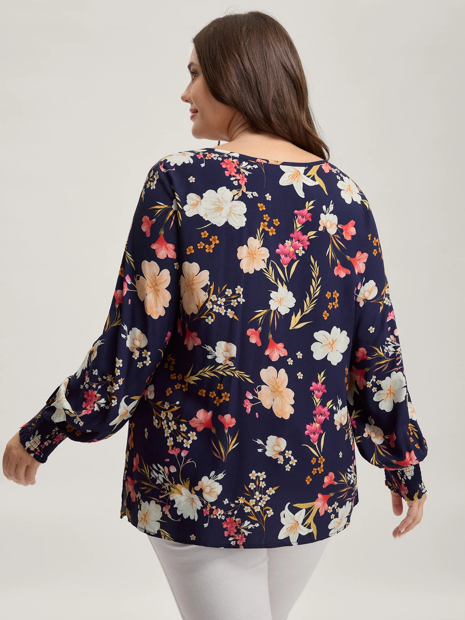 Floral Pleated Shirred V-Neck Blouse sold by Bloomchic product image thumbnail 5